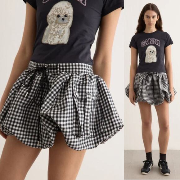 GANNI | NWT Check Mini Bubble Skirt in Black Gingham Taffeta 38 / US 6 - Picture 3 of 14